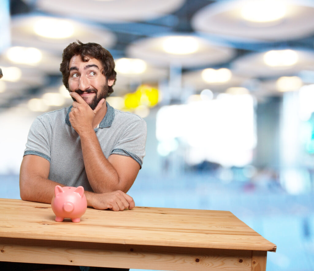 crazy young man with table .happy expression